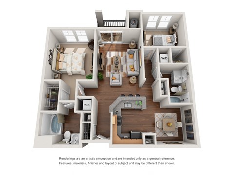 Floor plan for 2 beds, 2 baths, 998 sqft